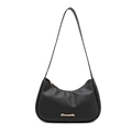 Minimalist black lychee pattern crescent shoulder bag with golden logo and zipper - Black