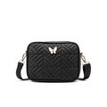 Minimalist black quilted crossbody bag with white butterfly charm and wide shoulder strap - Black