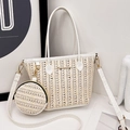 Fashion woven tote bag set with matching round coin purse and gold logo in beige - White Straw