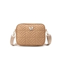 Quilted beige crossbody camera bag with white butterfly buckle and wide fabric strap - Brown