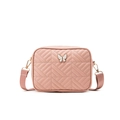 Pink quilted camera crossbody bag with white butterfly charm and wide fabric strap - Pink