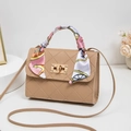 Light brown quilted crossbody bag with gold lock and decorative handle silk scarf - Apricot