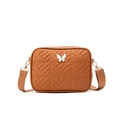 Caramel brown quilted camera crossbody bag featuring a white butterfly ornament - Brown