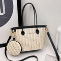 Minimalist beige woven tote bag set with black leather straps and round charm purse - Black Straw