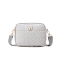 Light grey quilted camera bag with white butterfly hardware and wide strap - Gray