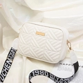 Borsa a tracolla bianca trapuntata a spina di pesce con ampia tracolla in jacquard - Bianco