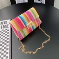 Rainbow striped woven crossbody bag with vibrant colored patterns and golden chain strap - Multi-color Rainbow Striped Style (9)