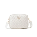 White quilted crossbody camera bag featuring a gold butterfly buckle and woven strap - Off White