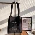Cute black corduroy tote bag with bear embroidery and 'Beat Beat' text detail - Without Pendant / Black