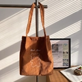 Brown corduroy tote bag featuring white bear embroidery and wide shoulder straps - Without Pendant / Brown