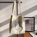 Cream corduroy tote bag featuring cute cartoon bear embroidery and black text detail - Without Pendant / White