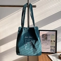 Dark green corduroy tote bag with bear embroidery and 'Beat Beat' text on the front - Without Pendant / Green