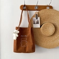 Borsa tote in velluto a coste marrone con ricamo a orsetto e ciondolo in peluche - Con ciondolo / Marrone