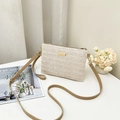 Woven crossbody small square bag in beige herringbone pattern with gold zipper and leather strap - Yellow