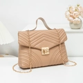 Chic beige quilted shoulder bag with V-shaped stitching and golden chain strap - Khaki