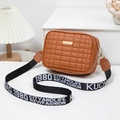 Brown quilted crossbody bag with golden metal plate and wide patterned shoulder strap - Brown