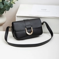 Classic black textured leather shoulder bag with gold U-shaped metal buckle and long strap - Black