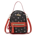 Mini floral backpack in red and black leather featuring pink bow prints and gold hardware - Red