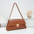 Sac baguette minimaliste en cuir PU marron caramel avec fermoir tournant doré élégant - Marron
