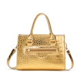 Golden crocodile embossed handbag with metal charms and adjustable shoulder strap - Champagne