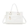 White faux crocodile skin handbag with gold hardware and removable shoulder strap - White