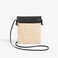 Mini beige straw woven crossbody bag with black leather trim and golden zipper detail - Black