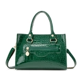 Dark green glossy crocodile pattern handbag with golden hardware and shoulder strap - Green