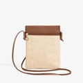 Fashionable woven crossbody phone bag with brown faux leather trim and golden zipper detail - Brown