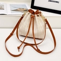 Chic beige woven bucket bag with brown leather trim and golden chain strap - Brown
