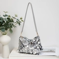 Silver sequin shoulder bag with light gray strap and polished mirror finish for women - Silver