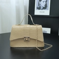 Elegant beige crocodile-patterned handbag with gold metal lock and detachable chain strap - Khaki
