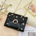 Black embroidered mini square bag with floral patterns and luxury pearl handle strap - Black