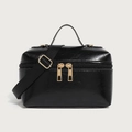 Borsa a mano vintage nera in pelle cerata con ampia tracolla in tessuto rimovibile - Nero