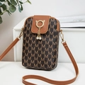 Vintage brown monogram phone bag with pearl tassel and golden cat-ear ring detail - Brown