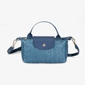 Chic blue woven straw crossbody bag with dark blue leather trim and golden buckle - Blue