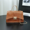 Brown crocodile pattern top handle bag with gold metal buckle and chain strap - Brown