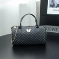 Boston barrel handbag with black gray logo print and silver butterfly metal accent - Small / Black