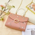 Pink faux leather bag with floral embroidery, large pearl handle and golden chain strap - Pink