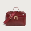 Elegante borsa a scatola in pelle cerata rosso scuro con doppia zip dorata e tracolla - Rosso
