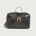 Dark grey oil wax leather box bag with dual gold zippers and top handle - Gray