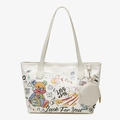 Graffiti teddy bear tote bag with colorful print and round coin purse charm - Off White