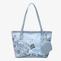 Light blue graffiti bear tote bag with coin purse featuring artistic street style prints - Blue
