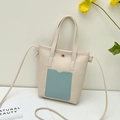 Mini sac cabas beige chic avec poche bleu clair et bandoulière amovible réglable - Bleu et Blanc