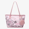 Pink graffiti tote bag with cartoon bear prints and matching round coin purse charm - Pink