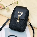 Black woven phone crossbody bag with golden cat-head hardware and pearl tassel - Black