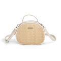 Sac à main demi-lune chic en paille tissée et cuir beige avec bandoulière et logo doré - Blanc