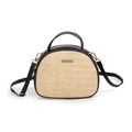 Sac bandoulière en paille beige avec finitions en cuir noir et poignée supérieure - Noir