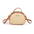 Sac à main demi-lune en paille pour femme avec détails en cuir marron et bandoulière - Marron