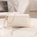 White quilted faux leather envelope bag with gold chain strap and dual zipper pockets - White