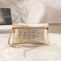 Champagne gold quilted clutch bag with metallic chain strap and rhombus embossed texture - Gold